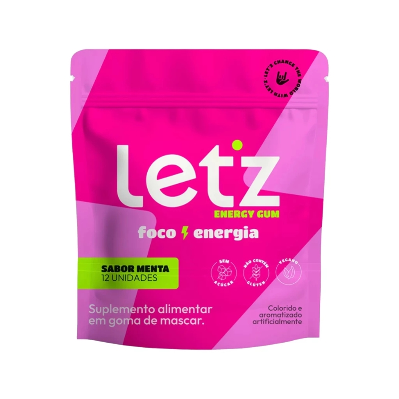 Letz Chiclete Energético Cafeína Taurina - Chiclete menta Zero açúcar - 1 pacote 12 unidades